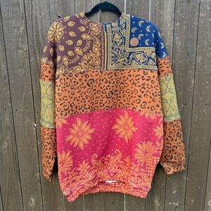 Farm Rio Oversized Pullover Sweater | Bandana Leopard Patchwork | XXS